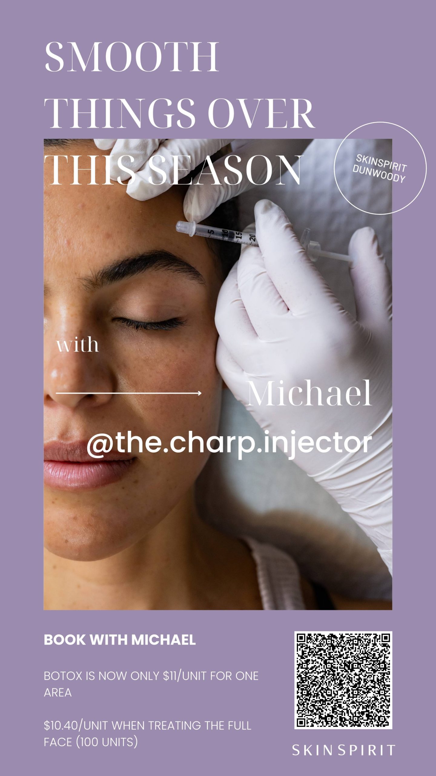 SMOOTH THINGS OVER THIS SEASON SKINSPIRIT DUNWOODY with Michael@the.charp.injector BOOK WITH MICHAEL Botox is now only $11/unit for one area, $10.40/unit when treating the full face (100 units)